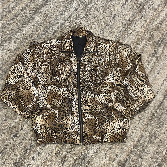 COACO vintage 100% silk Leopard Print Bomber Jacket w/ fringe western sz 38 M/L - Picture 3 of 13